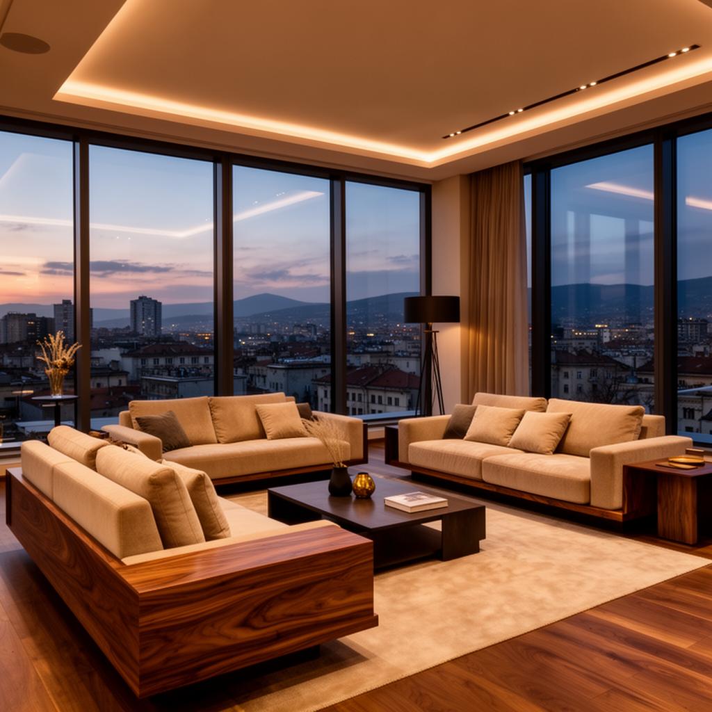 Penthouse interior — full-height windows over the city