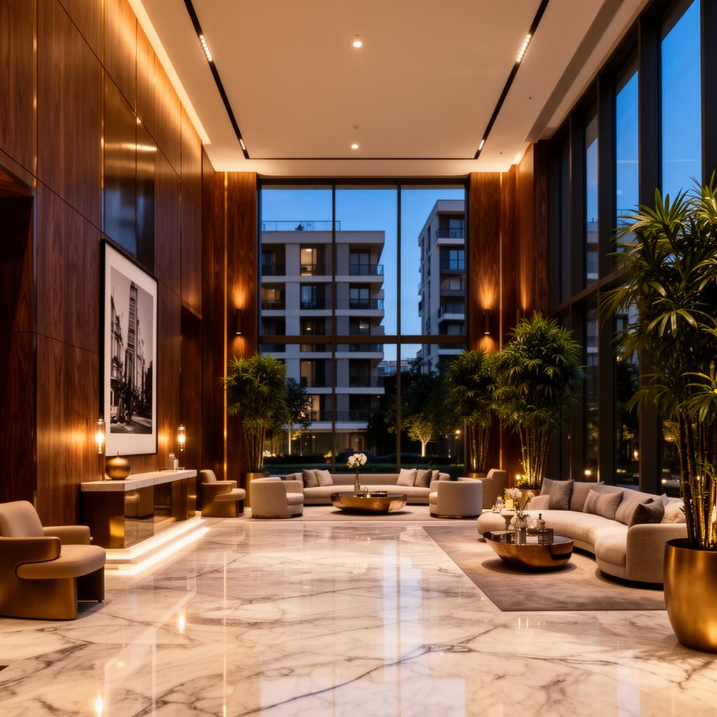 Premium lobby — marble and walnut finishes