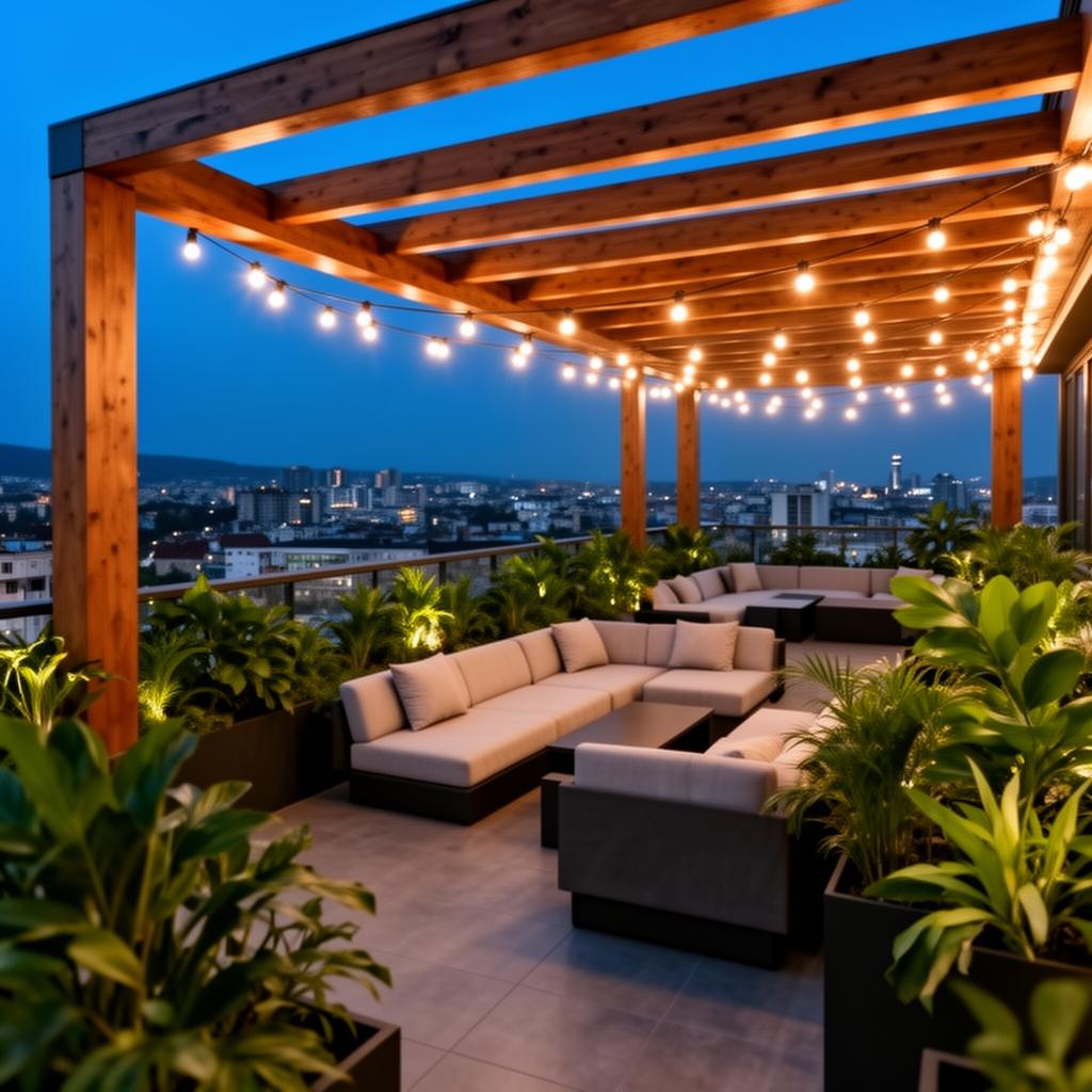 Rooftop lounge — pergola, planting, panoramic views